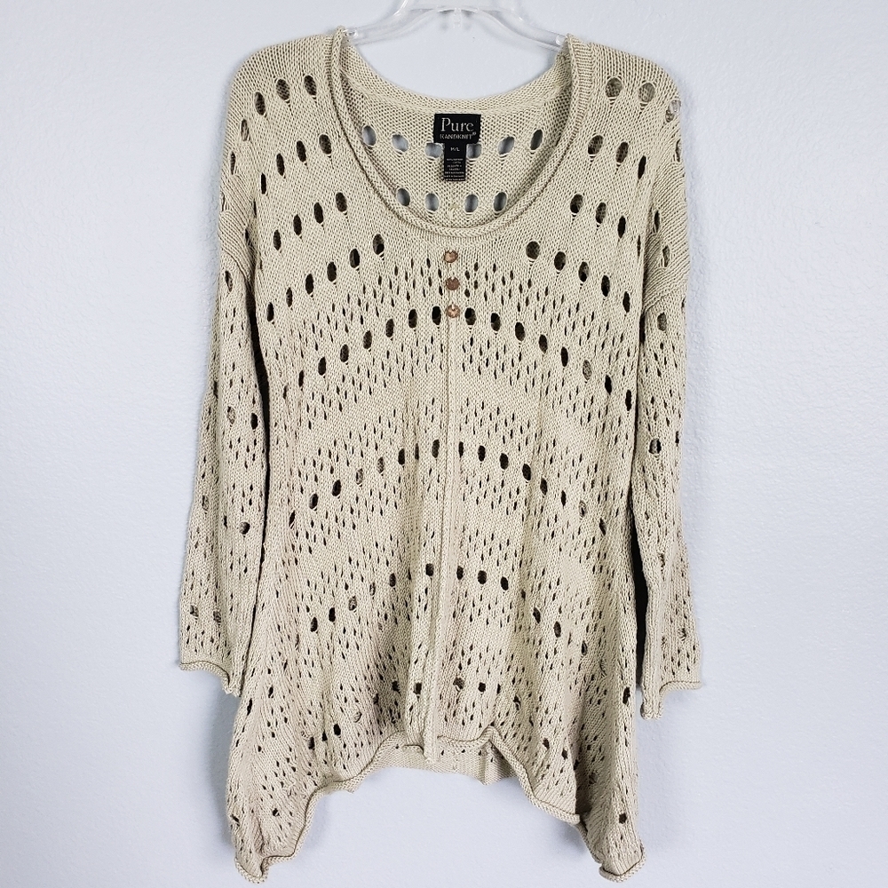 PURE HANDKNIT Open Knit Boho Sharkbite Hem Sweater Lagenlook Sz M/L
